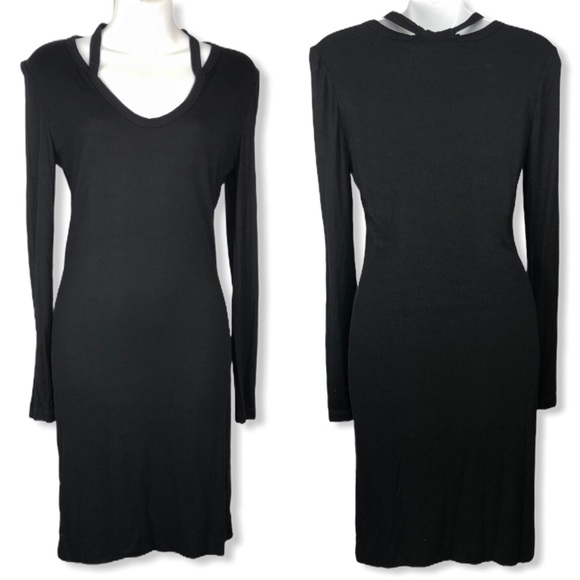Pam & Gela Black Split Neck Ribbed Jersey Dress M - Picture 1 of 11